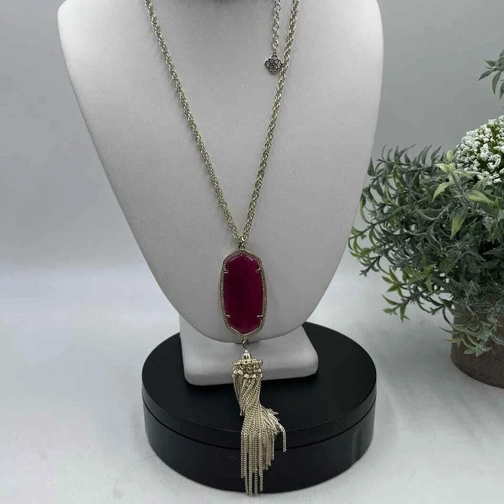 Kendra Scott Rayne Magenta Maroon Jade Tassel‎ Gold Plated Long Necklace